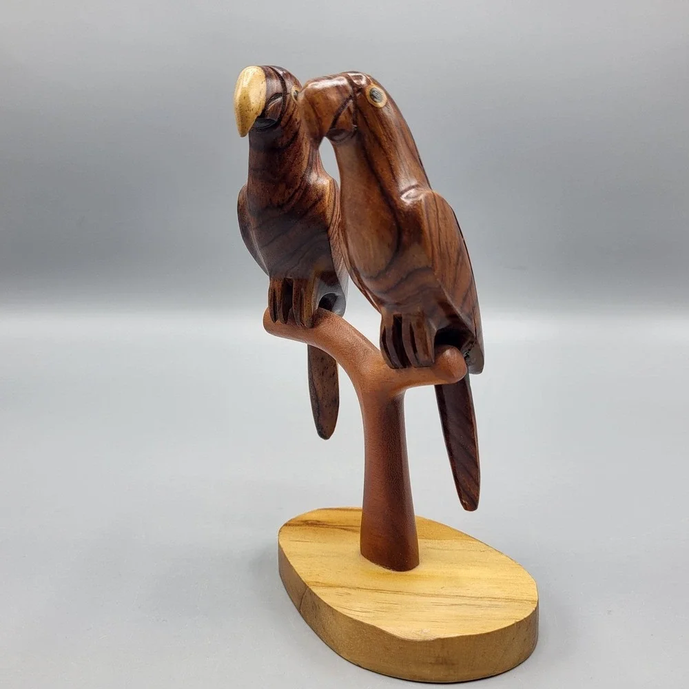 Hand Carved Wood Parrot Sculpture Figurine Pair on Branch Shelf Decor 6.25